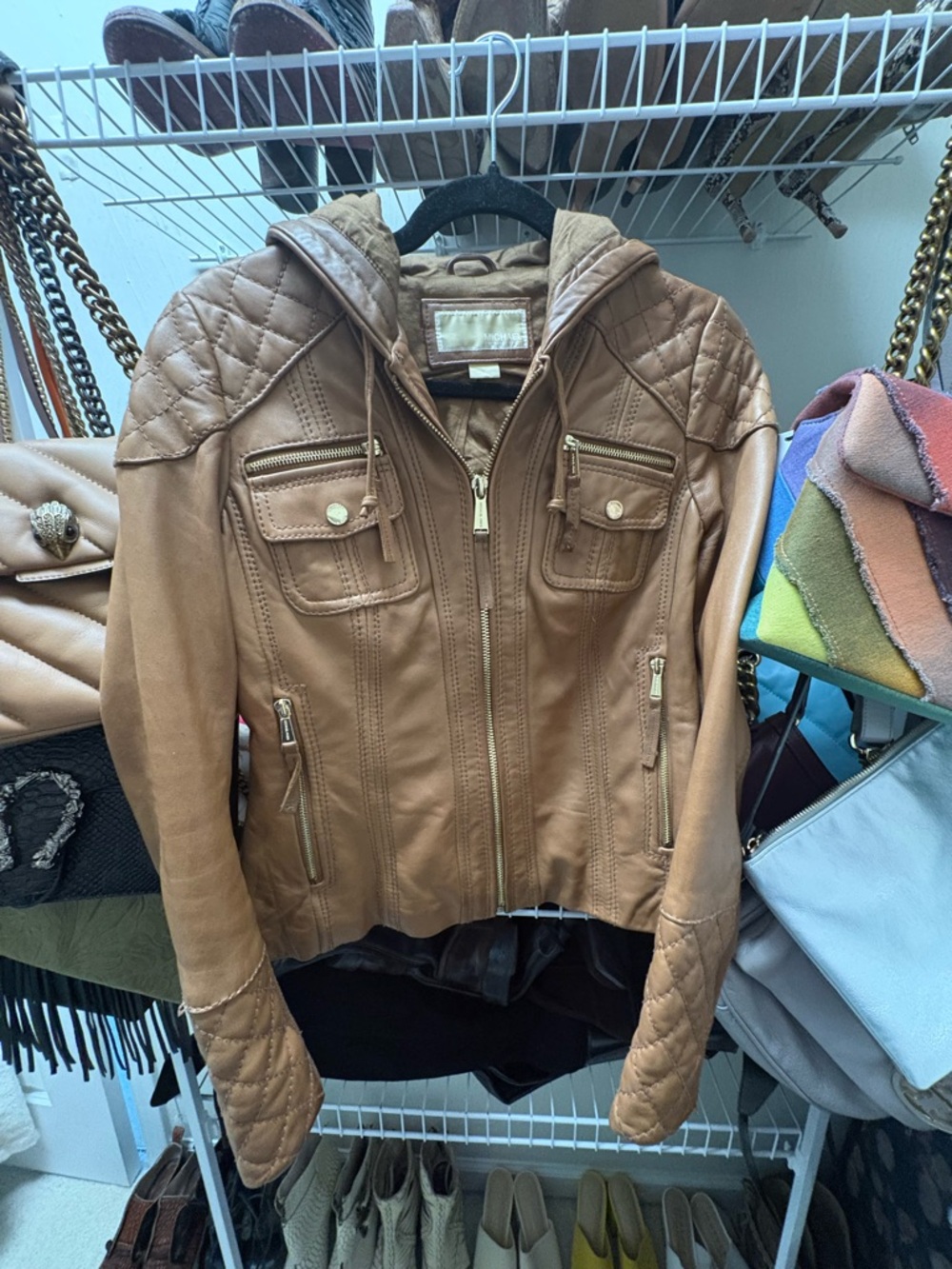 MICHAEL Michael Kors Quilted Hooded Faux Leather Jacket - Camel Brown